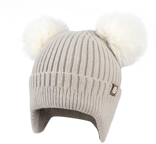 TAGVO Vintermössa för barn med öronskydd, dubbel pompon stickad mössa av ullblandning, varm och mjuk för pojkar och flickor 2–8 år, Beige, one size