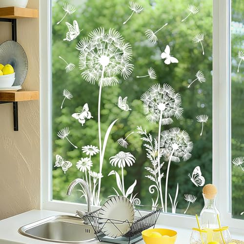Tanlaby Weiß Pusteblume Fensterbilder Schmetterling Fenstersticker Selbstklebend | Schmetterlinge Anti-Kollision Frühling Sommer Fensteraufkleber für Glasfenster Türen Dekoration Geschenke