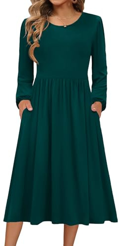 Zeagoo Jumper Dresses for Women UK Long Sleeve Dress with Pockets Casual Lightweight Tunic Dress Midi Dresses Dark Green L
