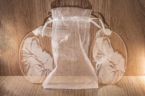 B BachVibes Medallón Virgen María con Niño Jesús (2 Ud) – Regalo Bautizo & Nacimiento – Metacrilato Transparente Grabado Láser – Decoración Religiosa Habitación Infantil & Carrito – Bolsa de Organza