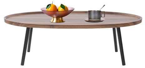 QUIOTUIR Table Basse en Ovale Couleur Noyer Table de Salon Table D'appoint pour Contenir Objets comme Tasses de Café, Magazines, Livres, Télécommandes, Vases Décoratifs, 120x60x38cm