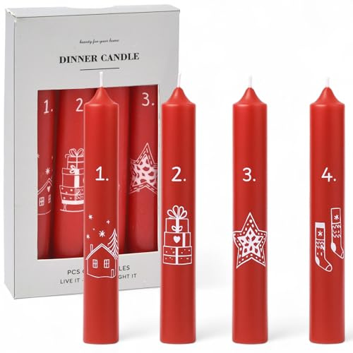 MIJOMA Advent Candles Set of 4 - Christmas Candles with Numbers & Motif - Taper Candles for Advent Sundays - Ideal for Table Decoration & Wreath - 16 cm Long - Paraffin - Christmas Decoration (Red)