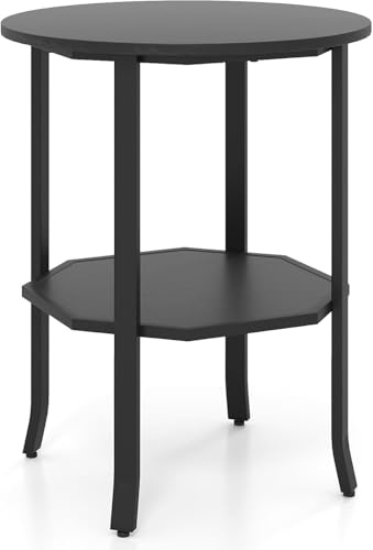 GIANTEX Mesa Auxiliar Redonda de 2 Niveles, Mesita Industrial con Estante de Almacenamiento, Marco de Metal, 50 x 50 x 61 cm, Mesa Lateral para Salón, Dormitorio (Negro)
