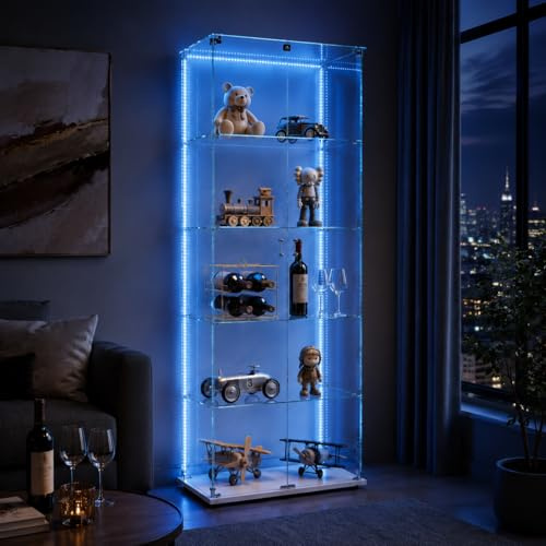 Glasvitrine Standvitrine,Glasvitrine Stehend mit Led,5 Lagen Glas Holz Glas Vitrine Vitrinenschrank 2 TüR und Schloss Vitrine Glasschrank Display Cabinet Sammlervitrine (Weiß, 5 Etagen 2 Tür+LED-2)