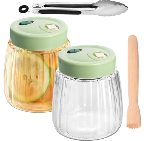 2 Tarros de Fermentación de Vidrio 1,4L con Doble Válvula, Fermentador Multiusos, con Pinzas y Machacador de Fermentación, Tarros de Conserva, Frascos Herméticos, para Encurtidos, Mermeladas, Kombucha