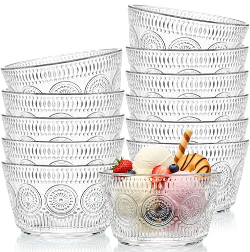 Prygew 12 Pack Small Glass Bowls Set, 12 Oz Embossed Prep Dessert Dishes, Stackable Ice Cream Salad Kitchen Prep Containers for Candy, Snack, Yogurt, Fruit, Nuts