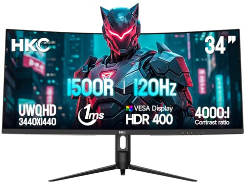 HKC 34 Pollici 120Hz Curvo Monitor Gaming, Ultrawide UWQHD 3440x1440 21:9, Pannello VA 1500R,1ms MPRT, 90% DCI-P3, HDR400, Low Blue Light,Regolabile in Altezza,Adaptive Sync,HDMI 2.0 DP 1.4,VESA 75x75