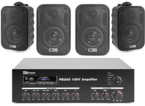 Power Dynamics 100V Wall Speaker System with Amplifier and Speaker Cable Kit, 4x Black Weatherproof 3 Outdoor Speakers, Bluetooth PA Audio for Cafe, Terrace, Patio, Garden Installations, IPX5 Rating
