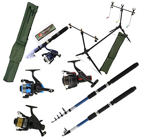 G8DS Anglerset, Rutentasche, Rutenhalter, Mini Teleskoprute inklusive Rolle, DREI ersatz Rollen, eine 2,4m Teleskoprute und eine 1,8m Teleskoprute, Camping, Angeln, Outdoor, Freizeit