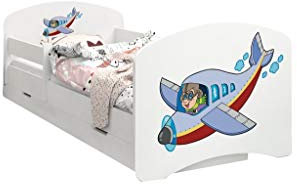 Happy Babies - Doppelseitiges Kinderbett MIT SCHUBLADE Modernes Design mit sicheren Kanten und Absturzsicherung Schaumstoffmatratze 7 cm. (140x70, 45. Flugzeug)