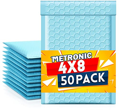 Metronic Light Blue Bubble Mailers 4x8 50 Pack Self-Seal Padded Envelopes