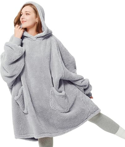 Bedsure Wearable Blanket Hoodie Women - Fluffy Fleece Hoodie Blanket for Adults Men, Warm Hooded Blanket as Gifts for Her, Grey, L