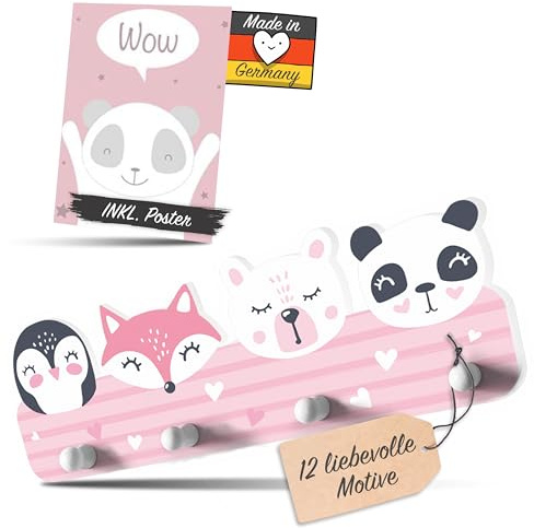Kindsblick® Tierträume Kindergarderobe in Rosa inkl. niedlichem A4 Poster - Garderobe Kinder Edition mit 4 Haken - Wunderschöne Kinder Garderoben Deko - Kindergarderobe Maße (38 x 15 x 1 cm)