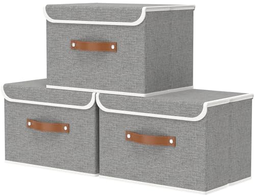 OUTBROS 3 Set Box mit Deckel, 45x30x30cm Stoffboxen aufbewahrung, Grau | Dekorative Aufbewahrungsboxen mit Griff, Kisten Aufbewahrung, Schrank Organizer Kleiderschrank, für Kleidung