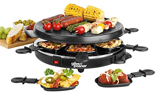 Giles & Posner Electric Round Raclette Grill - Indoor Tabletop 6 Person Raclette, Non-Stick Grill Pans, Includes Spatulas, Approx. Plate Size 29 cm, 800 W, Party Food Machine, Buffet