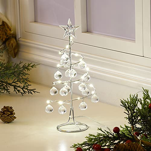 Lewondr Weihnachten Tischlampe, 27,5cm Mini Weihnachtsbaum mit LED Beleuchtung, Acrylkugeln & Stern, Spiralförmig Weihnachtsbaum Batteriebetrieb/USB-betrieben Weihnachtslicht Neujahr Innen, Silber