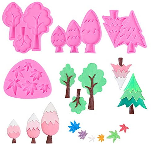 Rolin Roly 4Pcs Blätter Silikonform Fondant Ahornblatt Form Baum Kuchen Formen Mini Maple Leaf Gießform 3D Tree Silicone Mould für Süßigkeiten Kuchendekoration