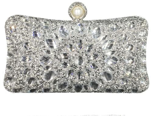 Boutique De FGG Perlenverschluss Kristall Clutch Taschen für Frauen Abendtaschen Hochzeitsfeier Strass Clutch Tasche, Klein, Silber