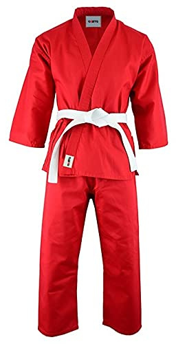 Aasta Karate Gi Suit Uniform Martial Arts Kit with white belt Polyester Cotton Blend, Light Weight, Judo Taekwondo karate suits for Kids (Red, 1/140)