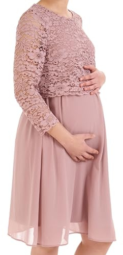 Herzmutter Abito Premaman Elegante - Abito Gravidanza Cerimonia - Abito Pizzo Chiffon - per Occasioni Festive-Feste di Nozze - Crema-Blu-Rosa - 6400 (M, Rosa Scuro)