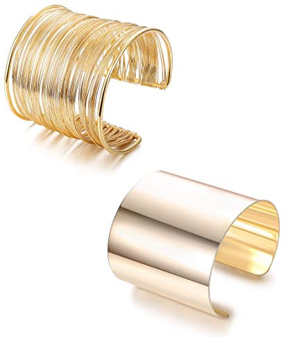 JeweBella 2 Stück Manschette Armreif Damen Gold/Silber Manschette Armband Set Offen Breite Draht Armbänder Verstellbare Gold Spule Armband Oberarmreif Oberarm Schmuck für Frauen