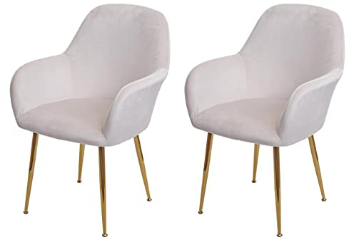 Mendler 2er-Set Esszimmerstuhl HWC-F18, Stuhl Küchenstuhl, Retro Design - Samt Creme-weiß, goldene Beine