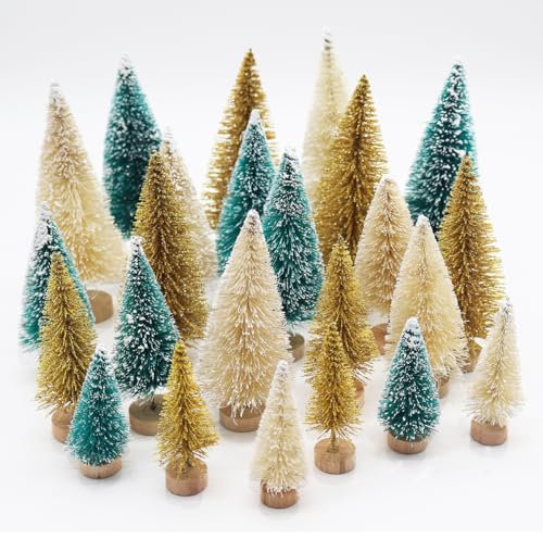 WAIZHIUA 24Pcs Miniature Christmas Tree, 3 Color Mini Artificial Snow Frost Trees Green Sisal Trees, Plastic Winter Ornaments Tabletop Model Trees for Christmas DIY Craft Party Decoration (4 Size)