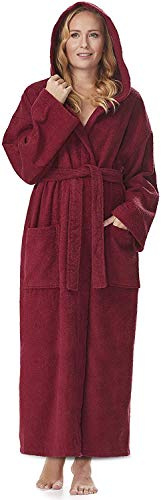 Damen Bademantel mit Kapuze, knöchellang, 100% Baumwolle Frottee, 380 g/m² | 2 Taschen und Bindegürtel – maschinenwaschbar, weich, saugfähig und schnell trocknend