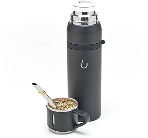 BALIBETOV Camping Thermoskanne Mate Tee Set - enthält Vakuumisoliert Mit Doppelter18/8 Edelstahl Mate Tee Becher und Thermoskanne, Bombilla(Mate Strohhalm) und Eine Reinigungsbürste (Schwarz)