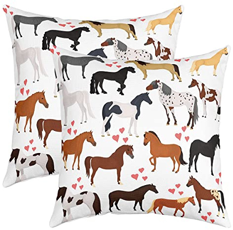 Pferd Kissenbezüge 50x50 Set von 2 - Bauernhof Niedliche Tier für Kinder, Jungen, Mädchen, Teens - Cartoon Pferde Rosa Lover Heart Throw, Kawaii Cowboy Cowgirls Design