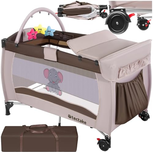 tectake® Kinder Reisebett höhenverstellbar mit Babyeinlage und Transporttasche, 132 x 75 x 104 cm, Braun