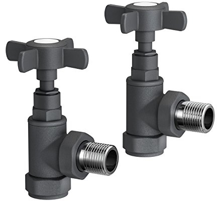 iBathUK Regency Traditional Angled Radiator Valve Pair, Wall or Floor Mounted Durable Brass Built Valves for Radiators, Powder Coated Towel Radiator Valves in Matt Anthracite, 15mm