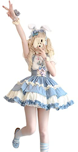 HIMI HIMIFASHION Teens Cute Short Skirt Lolita Sweet Tiered Ruffle Skirts with Belt Elastic Waist A-line Suspender Skirt (as8, Alpha, m, Regular, Regular, Blue and White)