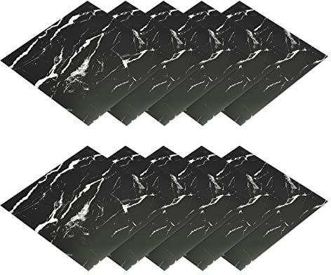 sourcing map Pelar y Pegar Piso Pared Azulejos Pegatina, 10uds 12x12 Impermeable Autoadhesivo Liso Mármol Patrón Pared Pegatinas Bricolaje para Cocina Dormitorios,Negro