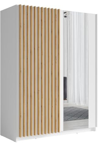 PRICE FACTORY just for you Armoire Design 150cm Coloris Blanc et chêne Collection Strano. Deux Portes coulissantes. Dressing Complet avec Miroir.