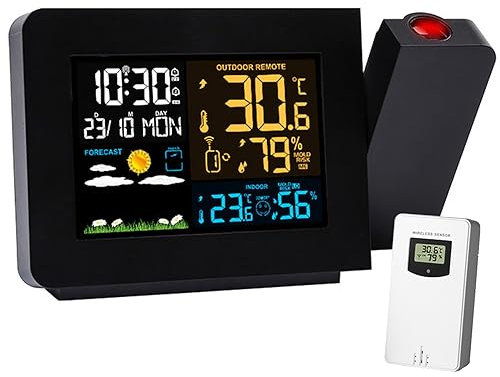 ExoticaBlend Projektionswecker Digitaler Wecker mit Projektion, Wetterstation mit Außensensor, Projektionsuhr zeigt Thermometer innen außen, Wettervorhersage, Zwei Alarme