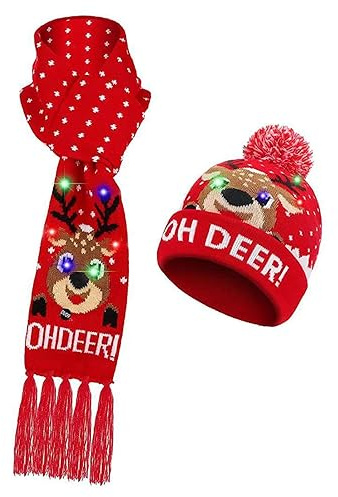 Weihnachtsmütze, Schal, Set, LED-beleuchtete Weihnachtsmütze, Schneeflocke, Weihnachtsmann, Elch, Weihnachtsbaum, Druck, Unisex, Neujahr, festliche Quaste, Schal, Beanie-Set, Weihnachtsdekoration,