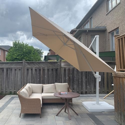 PURPLE LEAF Sombrilla Terraza Exterior 3 x 3 m con Base en Cruz, Sombrillas Jardin Grandes Tela 240 g/m² Protección UV 50+ con Inclinable y Rotación 360° para Patio Balcón Piscina, Beige