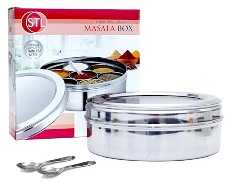 STL Masala Dabba 18.5cm | Authentic Indian Style Stainless Steel Masala Dabba | with 7 Removable Compartments & 2 Spoons | See through Lid |