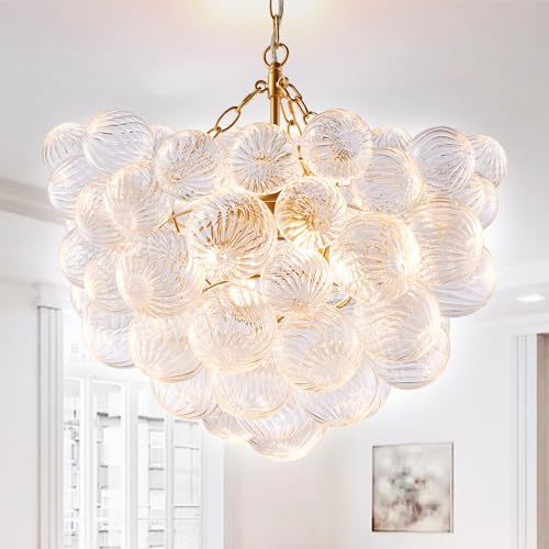 BeyPan Gold Bubble Chandelier Lighting Dia 20 Swirled Clear Ribbed Hand Blown Glass Ball Chandeliers Hanging Decorative Light Fixture for Living Room Hallway Entryway Foyer Dining Room