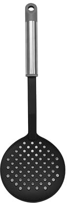 Fackelmann MODE Skimmer, Oil Skimmer & Strainer, Heat-Resistant Plastic Ladle, Colander Straining Spoon, Non-Stick & Anti-Scratch, Deep Fat Frying, Small Holes, 34cm, Black,grey