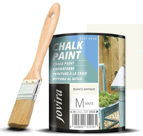 JOVIRA PINTURAS Chalk Paint - Vernice gessata all'acqua opaca + Pennello speciale per legno. Rinnovate i vostri mobili con creatività. (750 Millilitri, Bianco Antico + Pennello) F-25-K