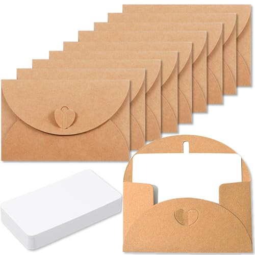 XFentech 15 Enveloppes en Papier Kraft avec 15 Cartes en Papier Vierges - Mini enveloppes avec Fermeture Coeur pour Cartes Cadeaux DIY Graffiti