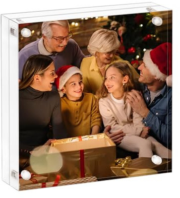 AMEITECH Acryl-Bilderrahmen, 20 x 20 cm, transparent, doppelseitig, rahmenlos, mit magnetischem, freistehendem Acryl-Display, Lucite-Rahmen mit Geschenkbox-Paket, 12 + 12 mm dick, 1 Stück