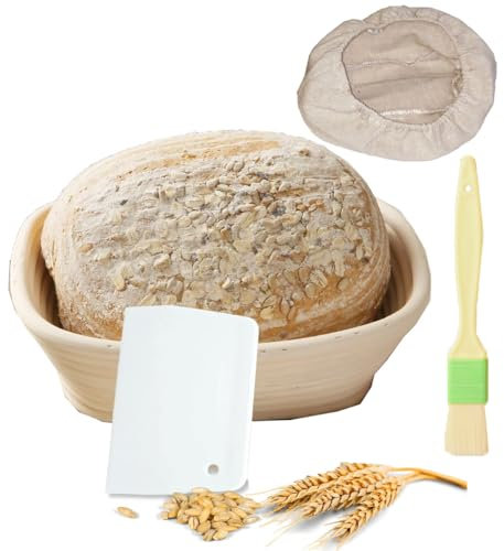 SZETOSY Cestino per lievitazione per pane, cestino per il pane in rattan naturale, 21 x 15 x 8 cm, con panno di lino, spazzola e raschietto, ideale per la cottura domestica e professionale