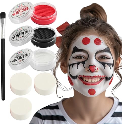 Festicy Peinture pour Visage et Corps Set I 3 couleurs (noir, rouge, blanc) 20g par couleur I 3 éponges & 1 pinceau I Maquillage Halloween, carnaval & peinture corporelle couleurs, maquillage visage