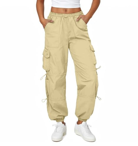 Friptspyg Cargohose Damen Leichter Trekkinghose mit Tasche Wanderhose Schnelltrocken Wasserdicht Einstellgurt Outdoor Hosen Sportlich Jogginghose, Khaki M
