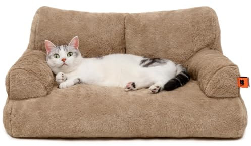 MEWOOFUN Stylish Cat Bed for Indoor Cars Large - Fluffy and Soft Cat Sofa Small Dog Sofa Bed for Dogs and Cats - 66x48cm Cute Pet Bed Couch with Non-slip Bottom, Khaki