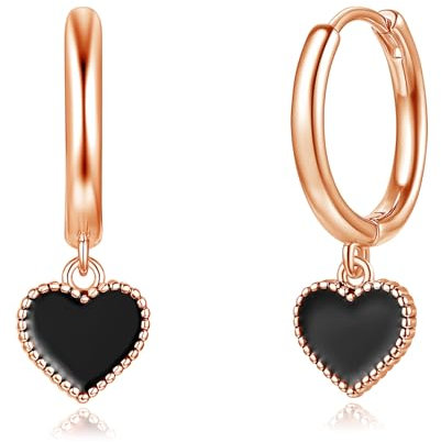 Loutade 925 Sterling Silber Ohrringe Creolen mit Schwarz Herz Anhänger, Hypoallergen Leichte Ohrringe Rose Gold Creolen Hängend Ohrhänger Geschenk für Damen, Mädchen, Frauen