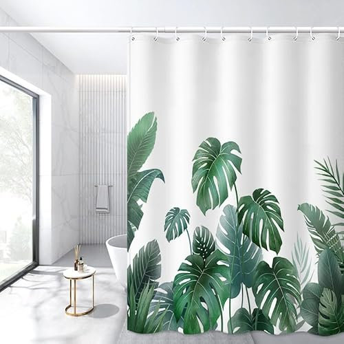 Duschvorhang Tropisches Weißes Blatt Badevorhang Polyester Duschvorhang Stoff Anti Schimmel Shower Curtains Waschbar Duschvorhänge mit 12 Duschvorhangringen Duschvorhang für Badewanne 180x220cm